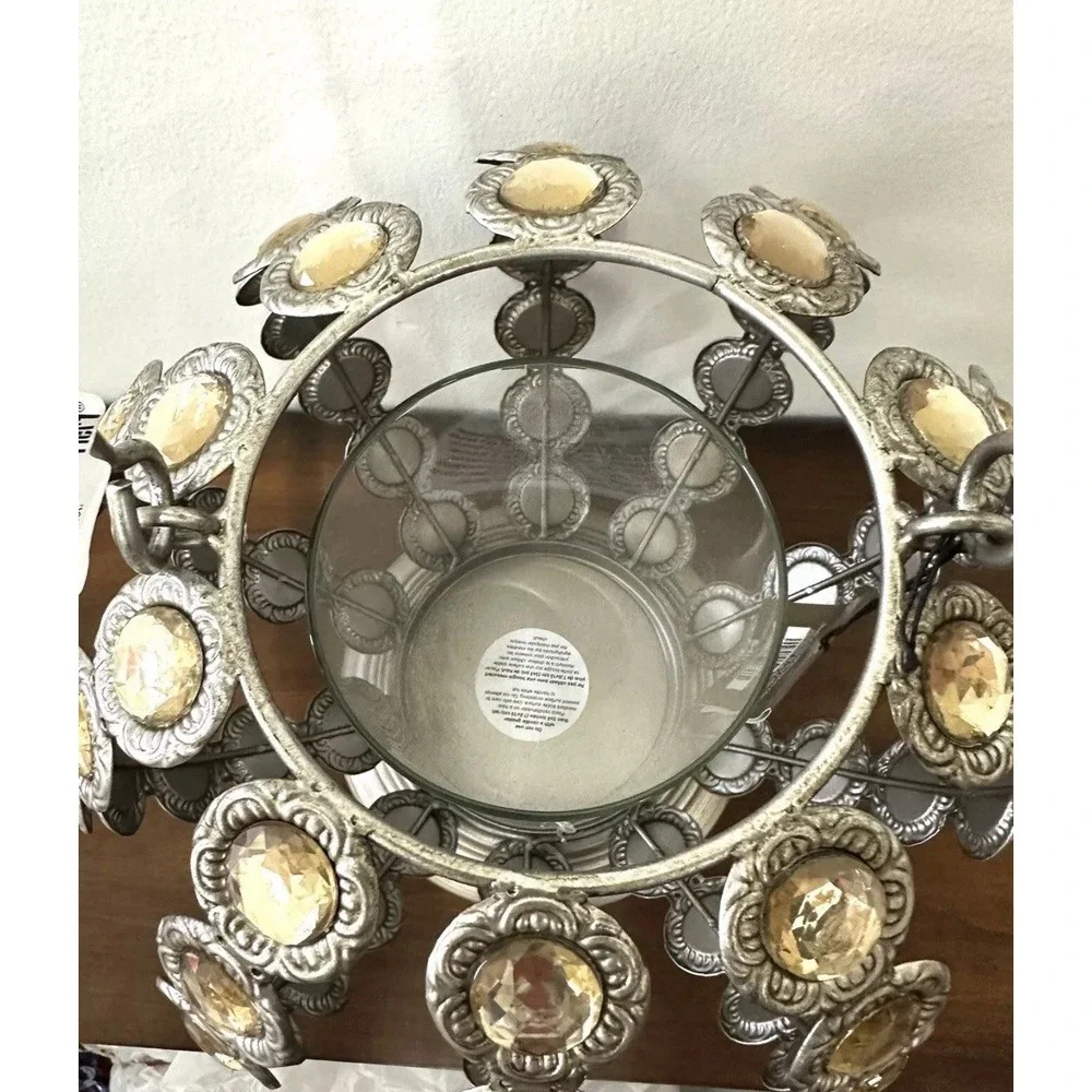 Vintage Silver Metal Beaded Candle Holder Lantern PATIO Decor